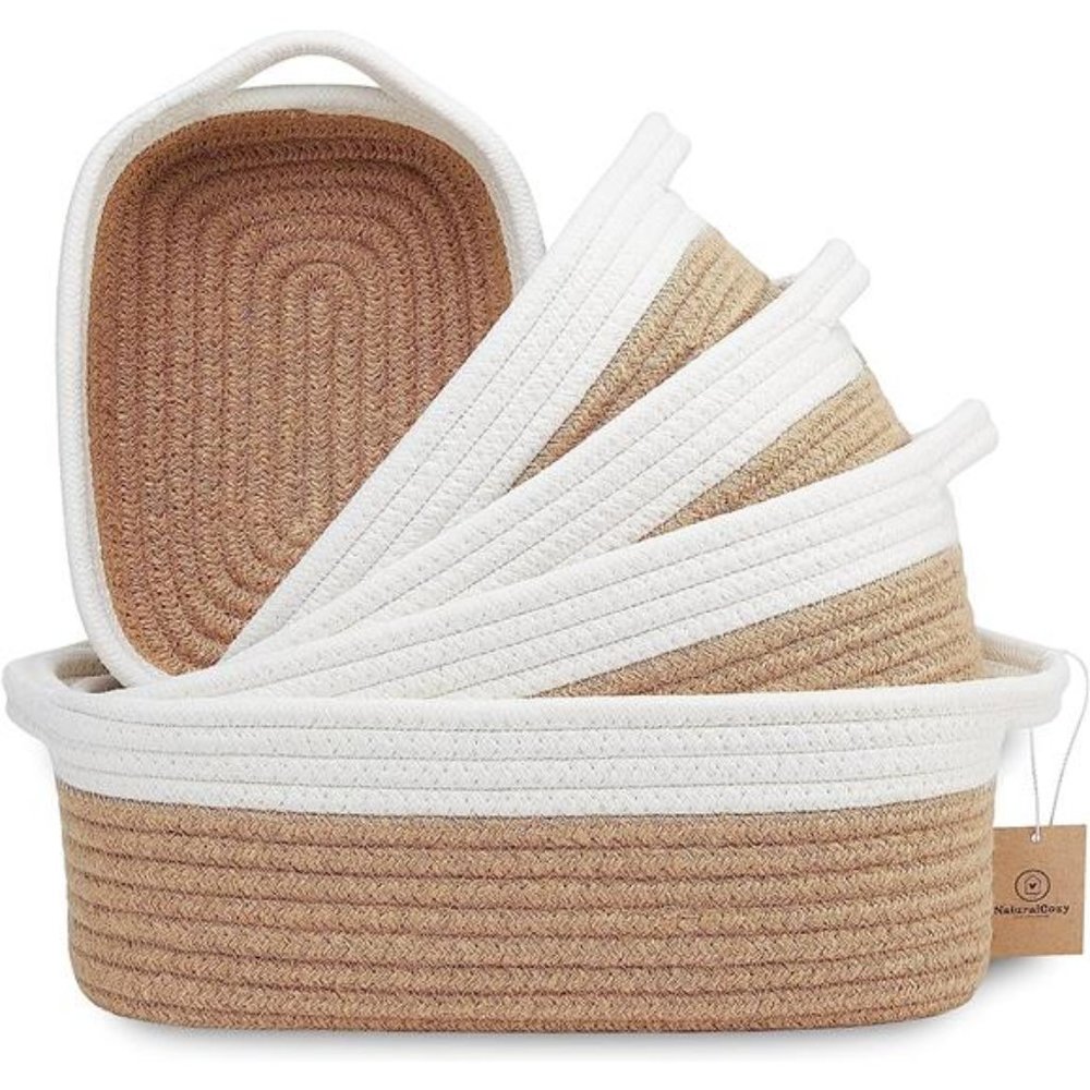 5-Piece Rectangle Storage Basket Set Natural Cotton Rope Woven Baskets Organizer